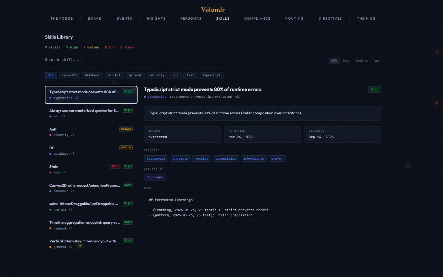 Skills library with severity badges, tags, source tracking, and extracted learnings
